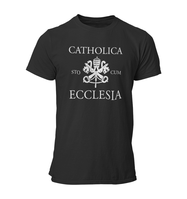 Black t-shirt that reads Catholica sto cum Ecclesia.