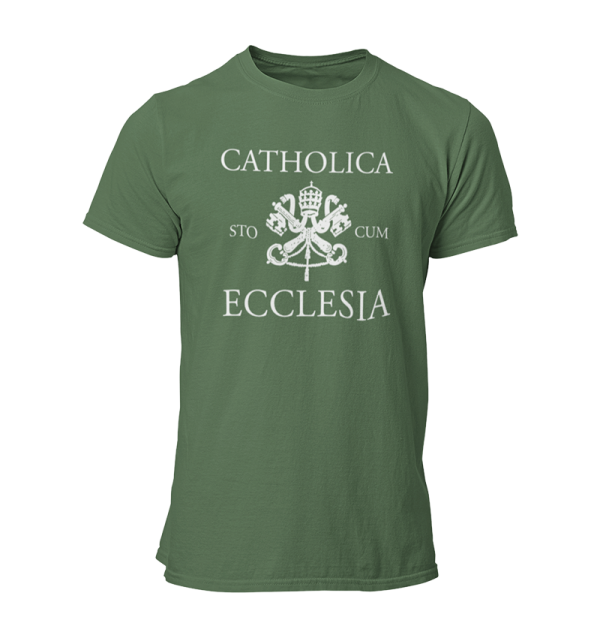 Forest green t-shirt that reads Catholica sto cum Ecclesia.