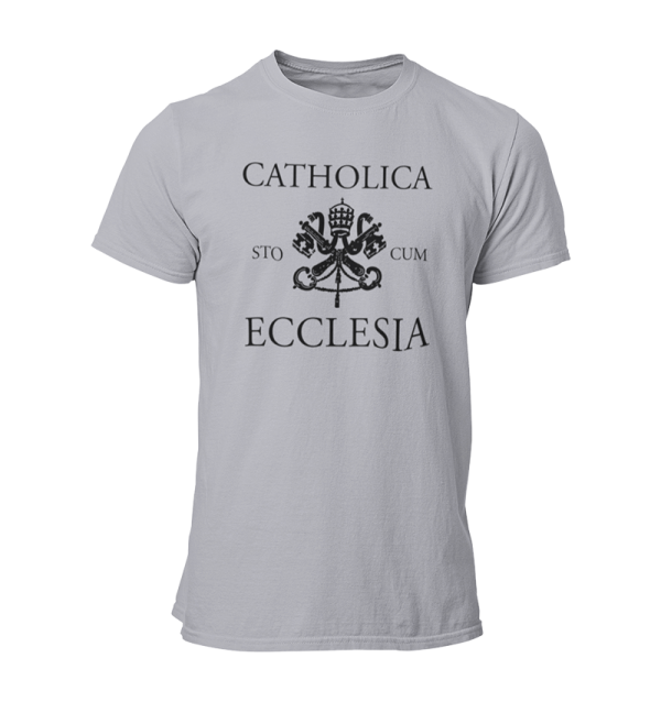 Grey t-shirt that reads Catholica sto cum Ecclesia.