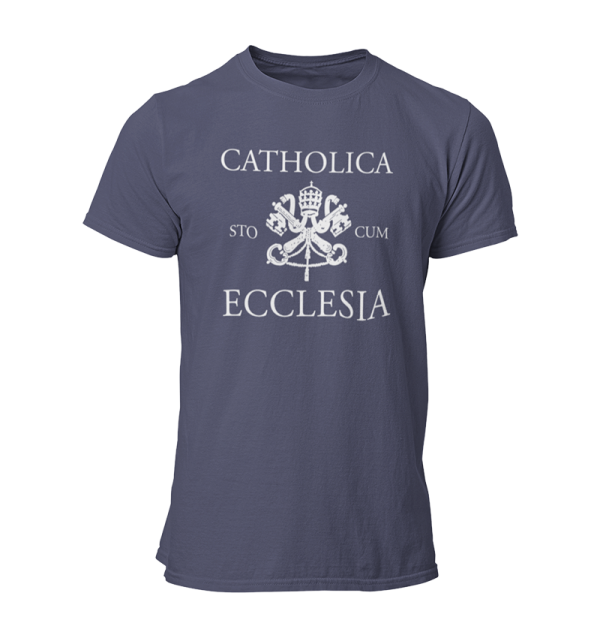 Navy blue t-shirt that reads Catholica sto cum Ecclesia.