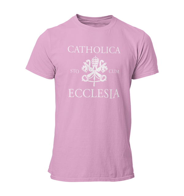 Pink t-shirt that reads Catholica sto cum Ecclesia.