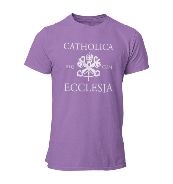Purple t-shirt that reads Catholica sto cum Ecclesia.