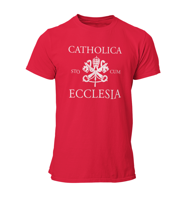 Red t-shirt that reads Catholica sto cum Ecclesia.