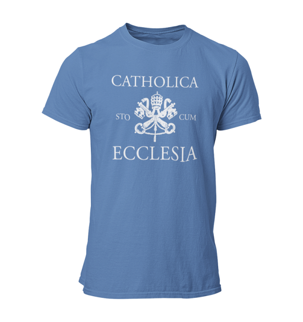 Royal blue t-shirt that reads Catholica sto cum Ecclesia.