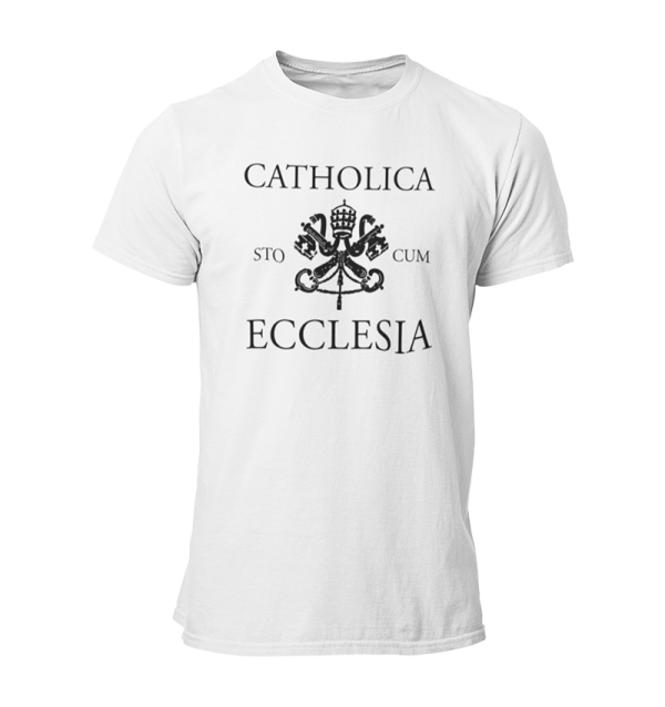 White t-shirt that reads Catholica sto cum Ecclesia.