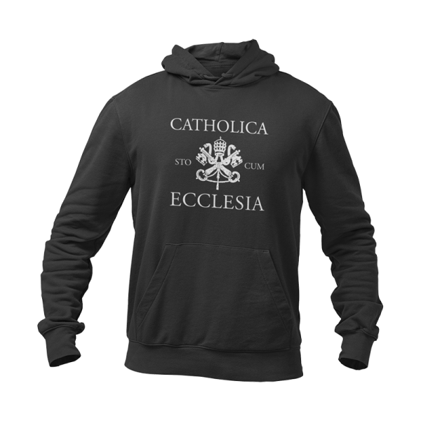 Black hoodie that reads Catholica sto cum Ecclesia.
