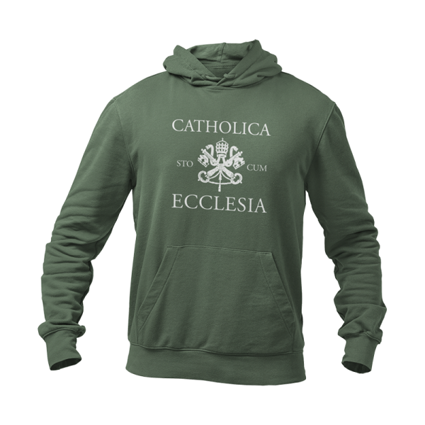 Forest green hoodie that reads Catholica sto cum Ecclesia.