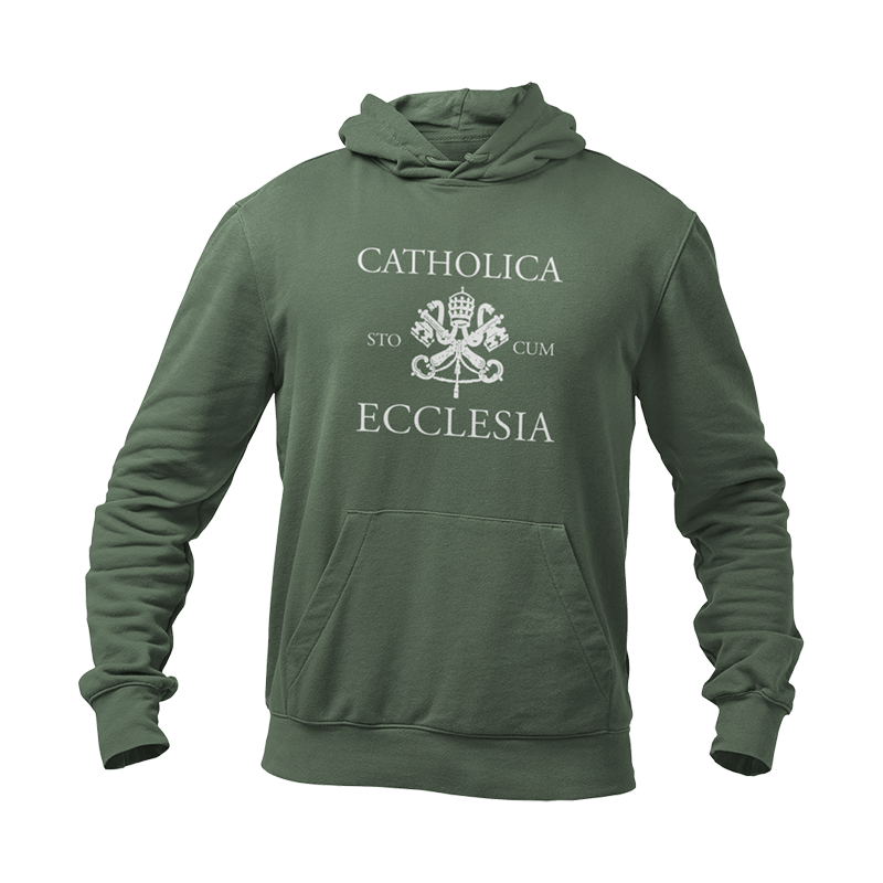 Forest green hoodie that reads Catholica sto cum Ecclesia.