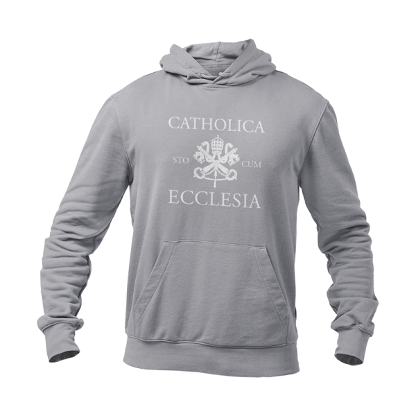 Grey hoodie that reads Catholica sto cum Ecclesia.