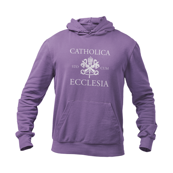 Purple hoodie that reads Catholica sto cum Ecclesia.