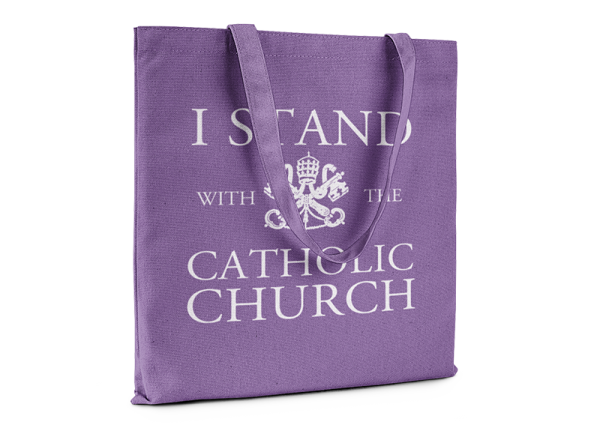 Purple tote bag that reads I Stand With The Catholic Church.
