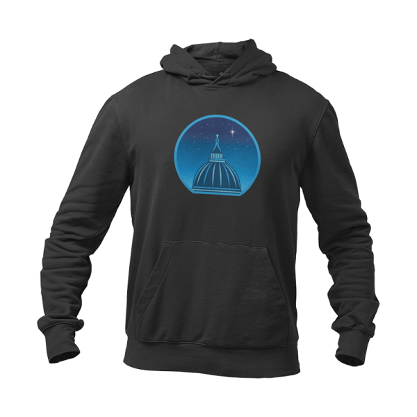 Black hoodie printed with a graphic of a cathedral cupola against a starry night sky.