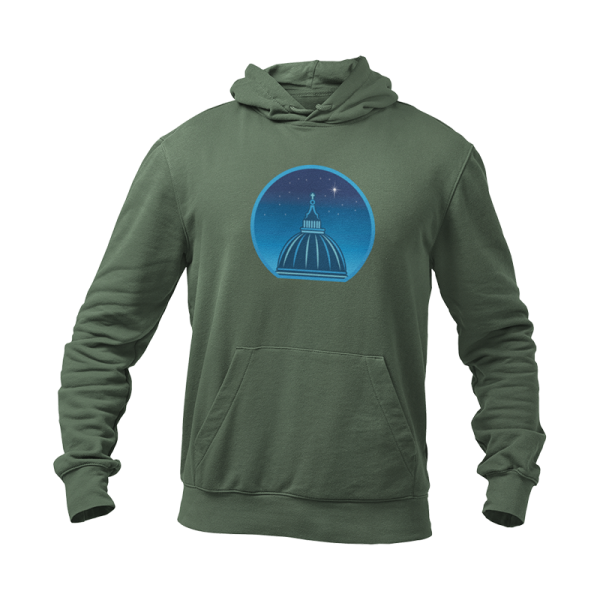 Forest green hoodie printed with a graphic of a cathedral cupola against a starry night sky.