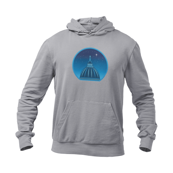 Grey hoodie printed with a graphic of a cathedral cupola against a starry night sky.