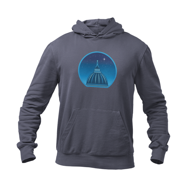 Navy blue hoodie printed with a graphic of a cathedral cupola against a starry night sky.