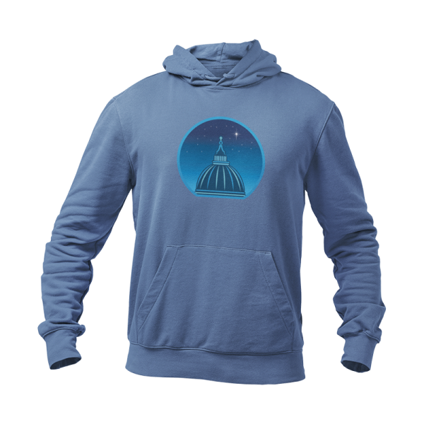 Royal blue hoodie printed with a graphic of a cathedral cupola against a starry night sky.