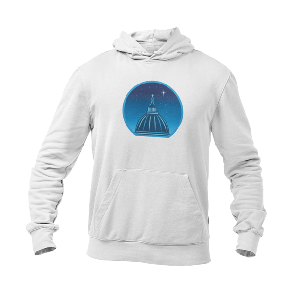 White hoodie printed with a graphic of a cathedral cupola against a starry night sky.