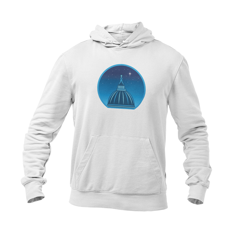 White hoodie printed with a graphic of a cathedral cupola against a starry night sky.