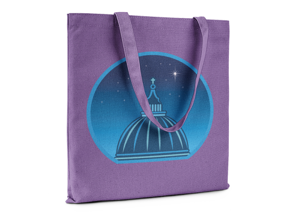 Purple tote bag printed with a graphic of a cathedral cupola against a starry night sky.