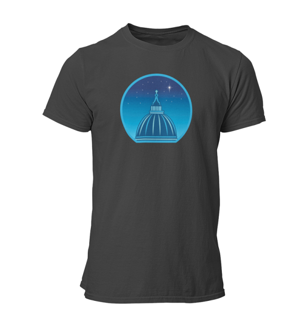 Black t-shirt printed with a graphic of a cathedral cupola against a starry night sky.