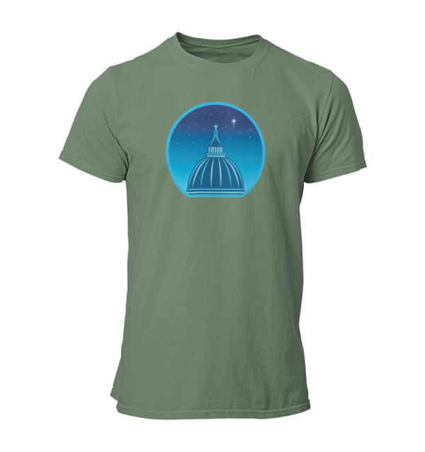 Forest green t-shirt printed with a graphic of a cathedral cupola against a starry night sky.