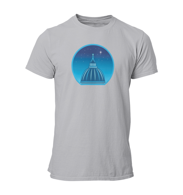 Grey t-shirt printed with a graphic of a cathedral cupola against a starry night sky.