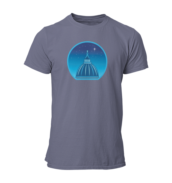 Navy blue t-shirt printed with a graphic of a cathedral cupola against a starry night sky.