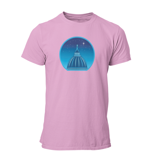 Pink t-shirt printed with a graphic of a cathedral cupola against a starry night sky.