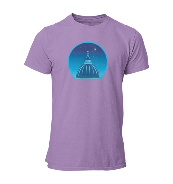 Purple t-shirt printed with a graphic of a cathedral cupola against a starry night sky.