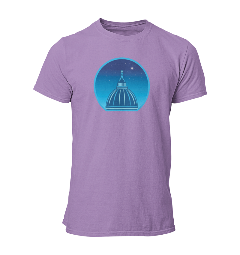 Purple t-shirt printed with a graphic of a cathedral cupola against a starry night sky.