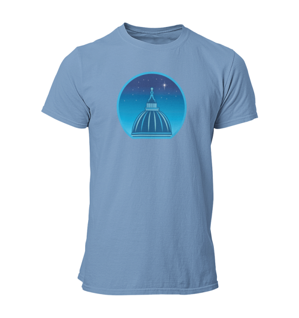 Royal blue t-shirt printed with a graphic of a cathedral cupola against a starry night sky.